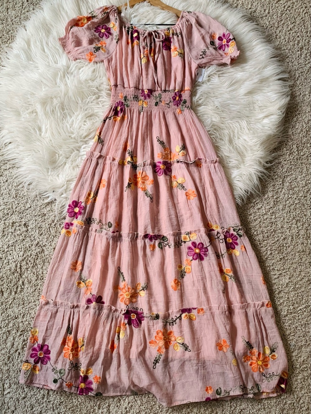 Blush Pink Embroidered Floral Maxi Dress with Smocked Bodice